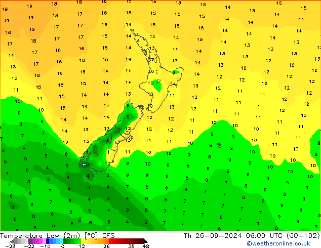 Temperature Low (2m) GFS Th 26.09.2024 06 UTC