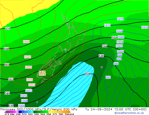 500-1000 hPa Kalınlığı GFS Sa 24.09.2024 12 UTC