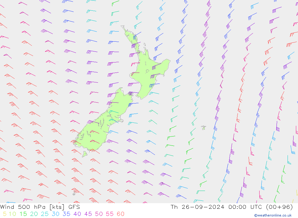 Vento 500 hPa GFS gio 26.09.2024 00 UTC