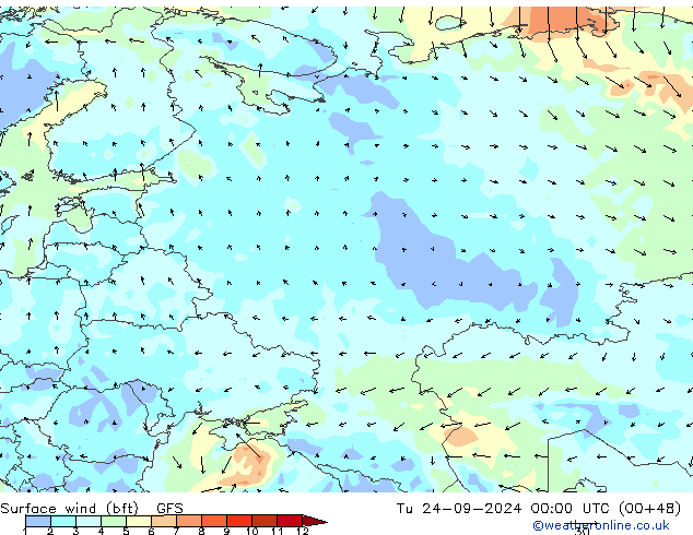 Surface wind (bft) GFS Tu 24.09.2024 00 UTC