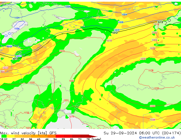 Max. wind velocity GFS Su 29.09.2024 06 UTC