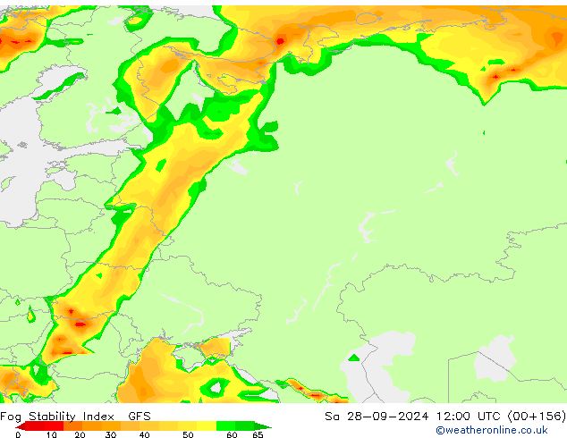 Fog Stability Index GFS сб 28.09.2024 12 UTC