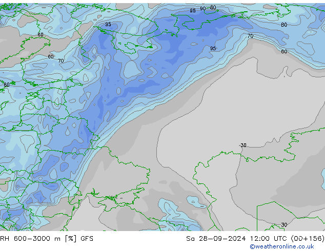 RH 600-3000 m GFS сб 28.09.2024 12 UTC