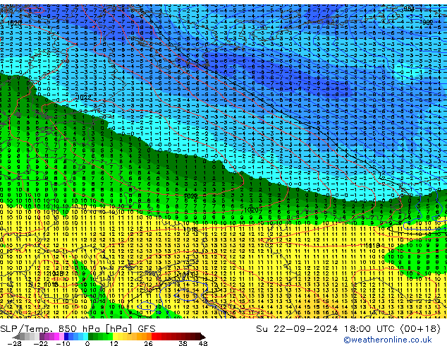 SLP/Temp. 850 hPa GFS zo 22.09.2024 18 UTC