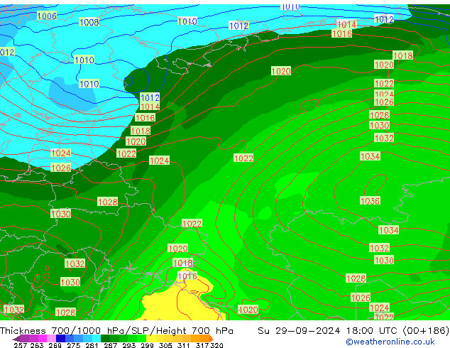 Dikte700-1000 hPa GFS zo 29.09.2024 18 UTC