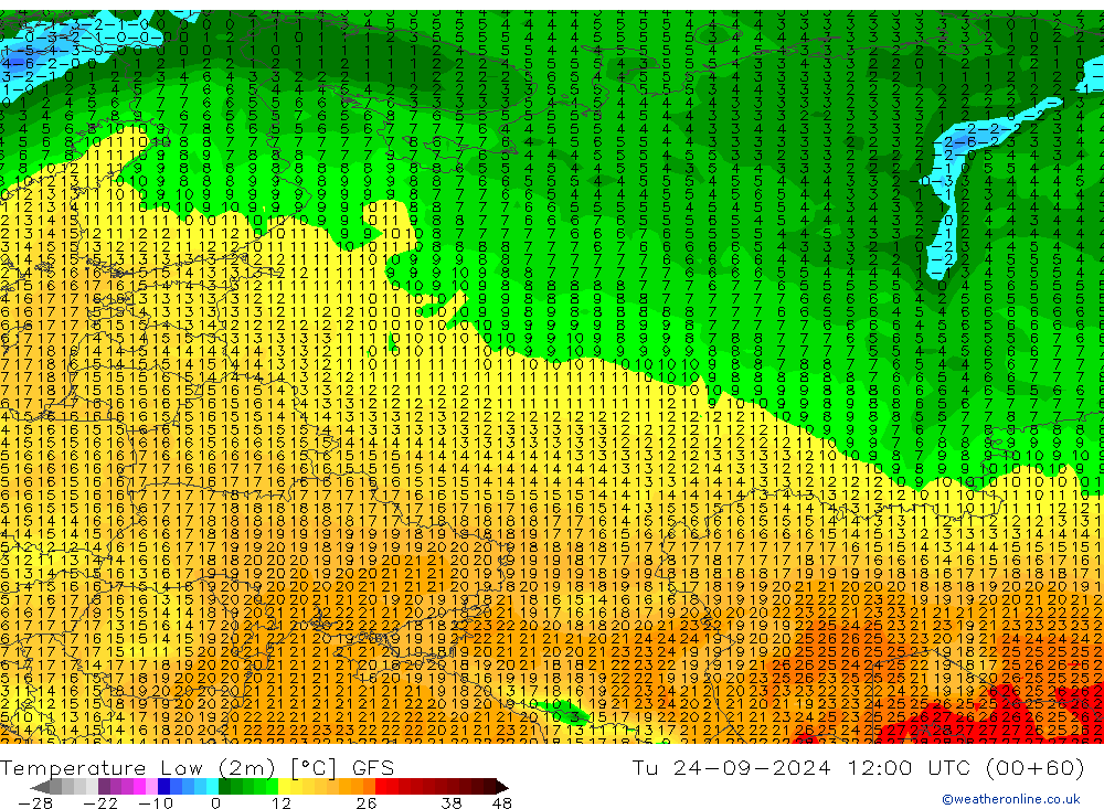 Темпер. мин. (2т) GFS вт 24.09.2024 12 UTC