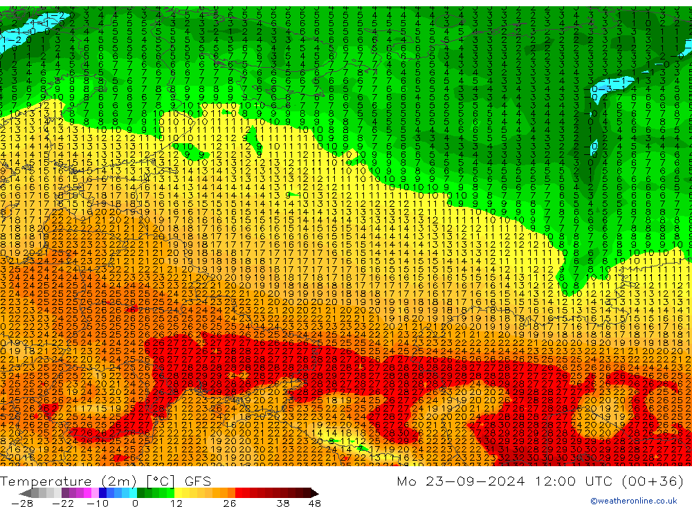 Sıcaklık Haritası (2m) GFS Pzt 23.09.2024 12 UTC