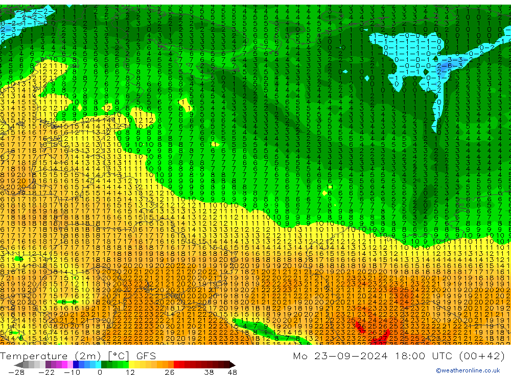 Temperature (2m) GFS Mo 23.09.2024 18 UTC