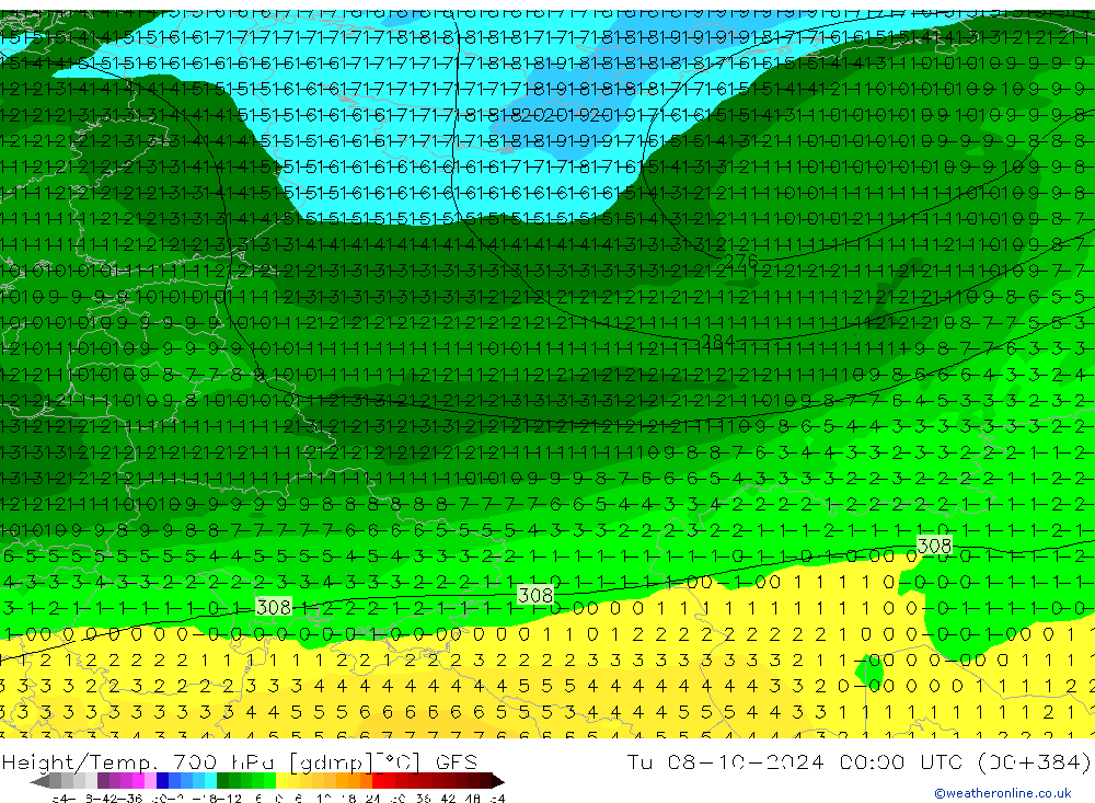 Height/Temp. 700 hPa GFS Di 08.10.2024 00 UTC