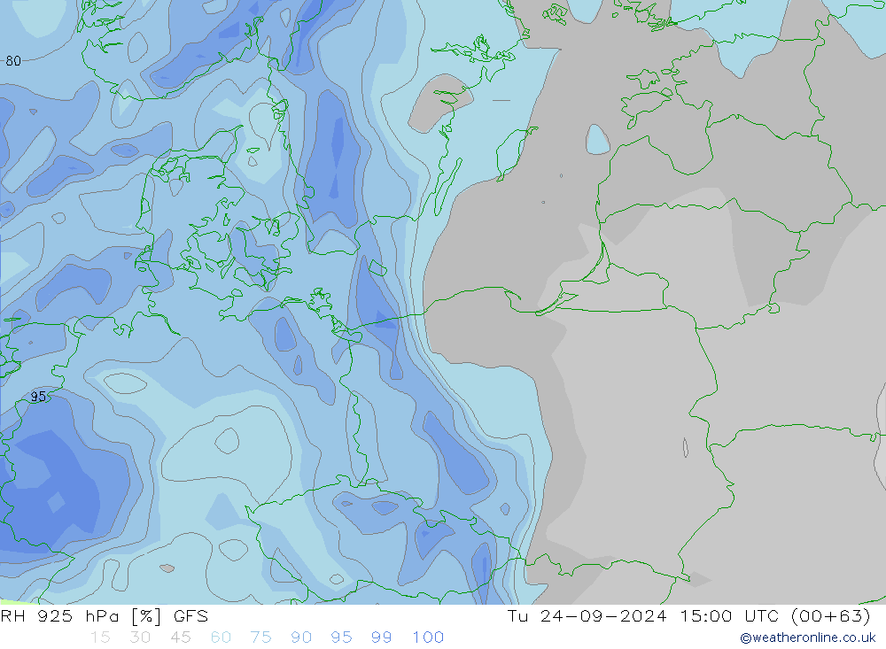 RH 925 гПа GFS вт 24.09.2024 15 UTC