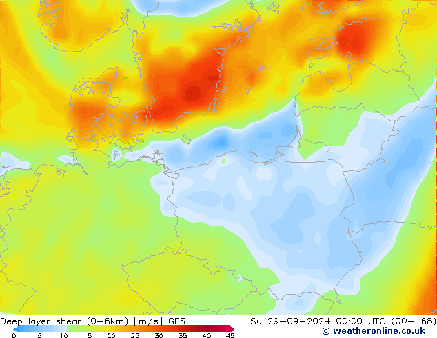 Deep layer shear (0-6km) GFS Su 29.09.2024 00 UTC