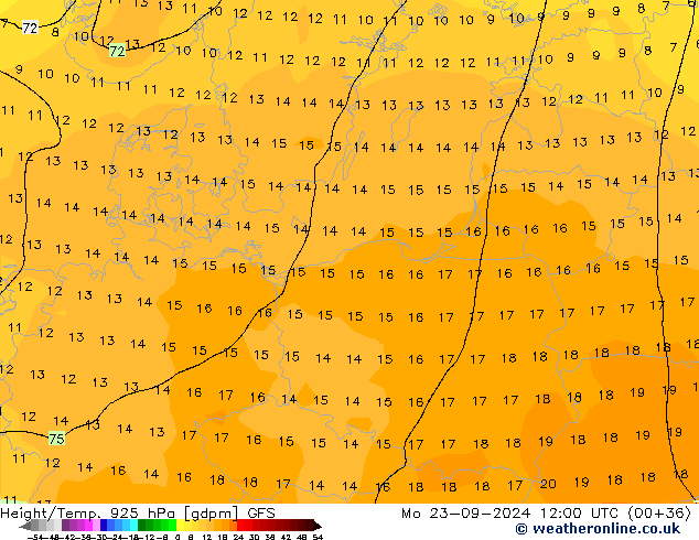 Height/Temp. 925 hPa GFS Seg 23.09.2024 12 UTC