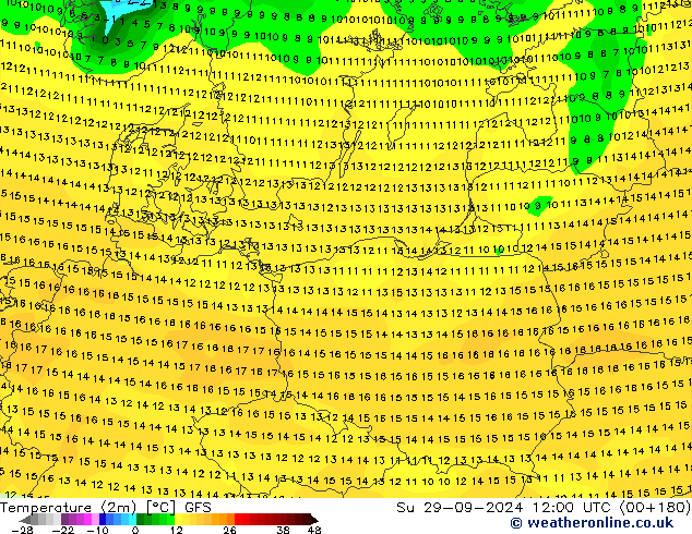 Temperature (2m) GFS Su 29.09.2024 12 UTC