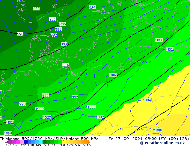 Espesor 500-1000 hPa GFS vie 27.09.2024 06 UTC