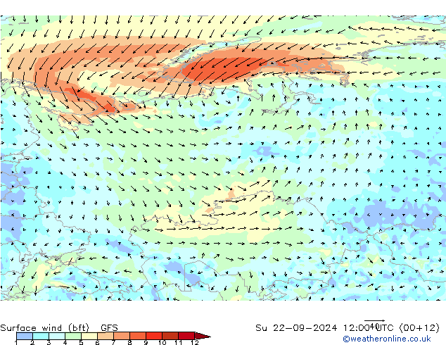 Vento 10 m (bft) GFS Dom 22.09.2024 12 UTC