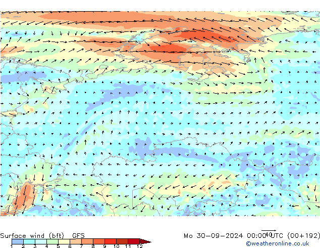 Surface wind (bft) GFS Po 30.09.2024 00 UTC