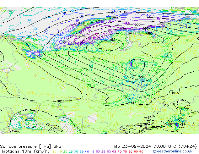 Isotachs (kph) GFS Mo 23.09.2024 00 UTC