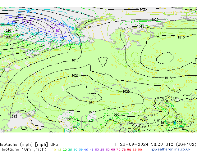 Isotachs (mph) GFS чт 26.09.2024 06 UTC