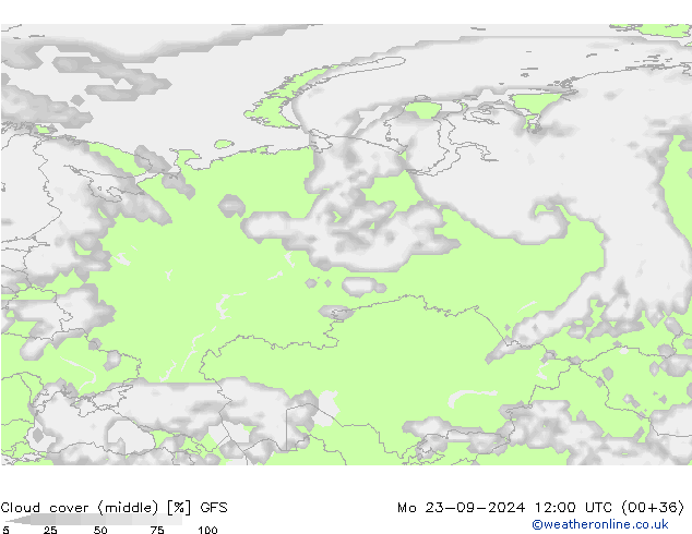 Cloud cover (middle) GFS Mo 23.09.2024 12 UTC