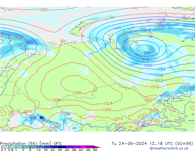 Precipitation (6h) GFS Tu 24.09.2024 18 UTC