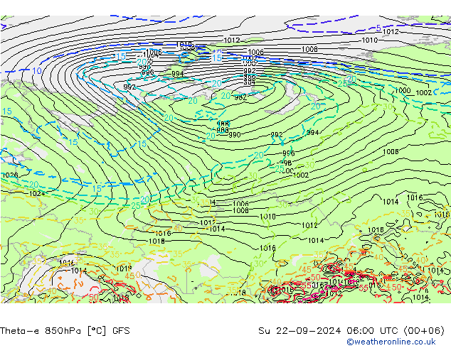 Theta-e 850hPa GFS Su 22.09.2024 06 UTC