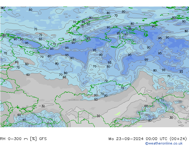 RH 0-300 m GFS Mo 23.09.2024 00 UTC