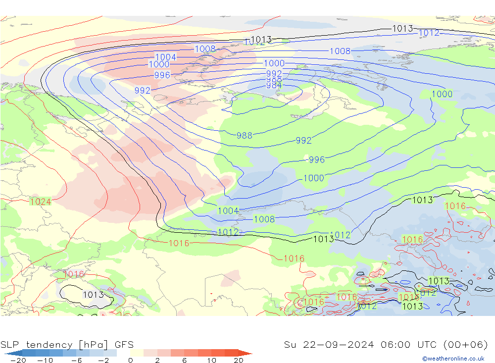 SLP tendency GFS Su 22.09.2024 06 UTC