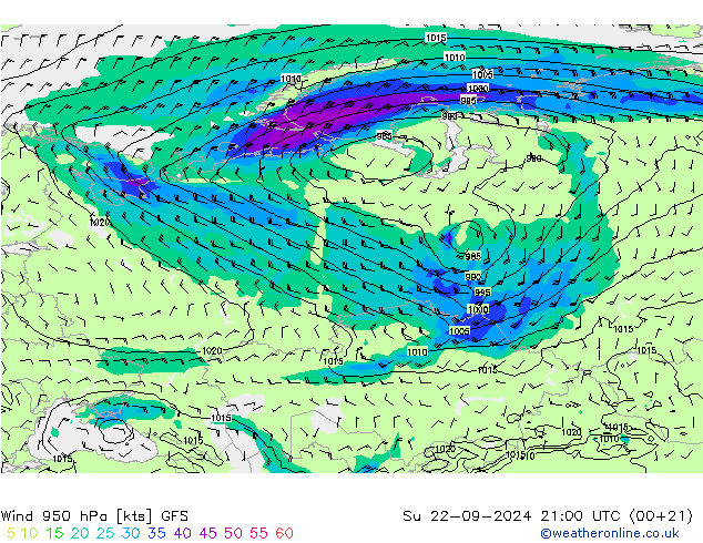 Wind 950 hPa GFS Su 22.09.2024 21 UTC