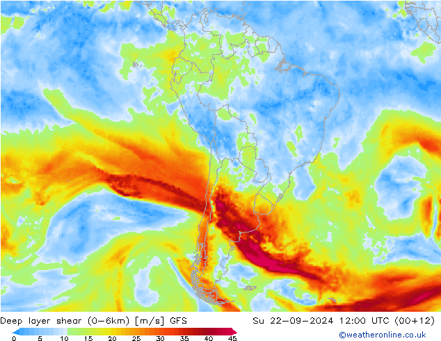 Deep layer shear (0-6km) GFS Вс 22.09.2024 12 UTC