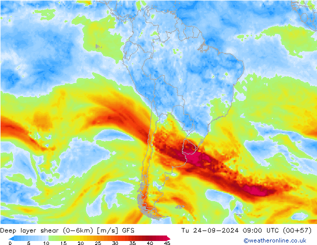 Deep layer shear (0-6km) GFS Tu 24.09.2024 09 UTC