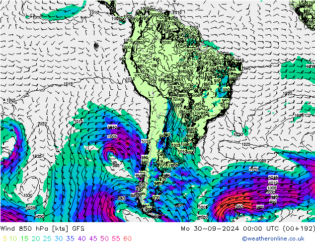 Wind 850 hPa GFS Mo 30.09.2024 00 UTC