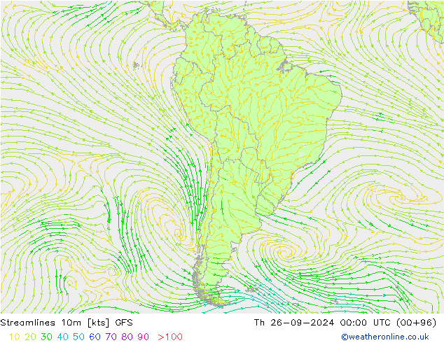 Streamlines 10m GFS Čt 26.09.2024 00 UTC