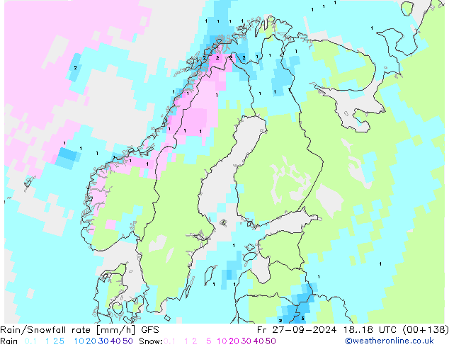 Rain/Snowfall rate GFS ven 27.09.2024 18 UTC