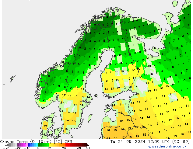 Ground Temp (0-10cm) GFS Út 24.09.2024 12 UTC