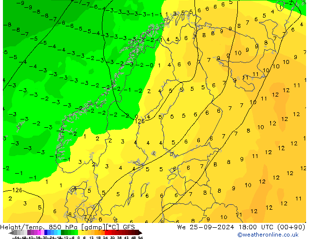 Height/Temp. 850 hPa GFS mer 25.09.2024 18 UTC