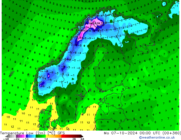 Temperature Low (2m) GFS Mo 07.10.2024 00 UTC