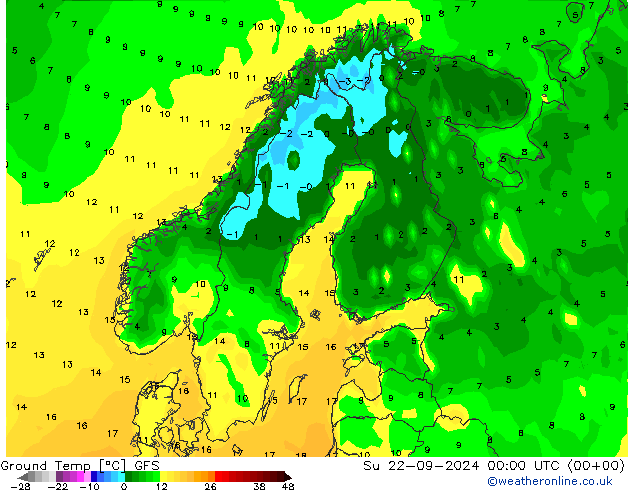 Temp. al suolo GFS dom 22.09.2024 00 UTC