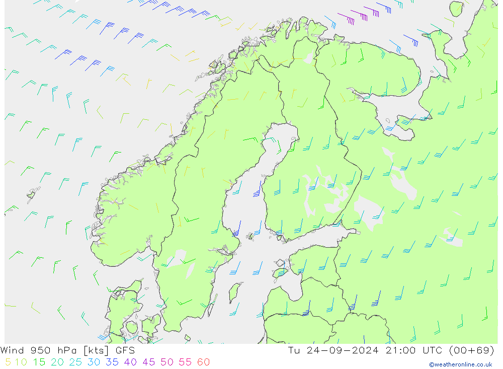 Wind 950 hPa GFS Út 24.09.2024 21 UTC