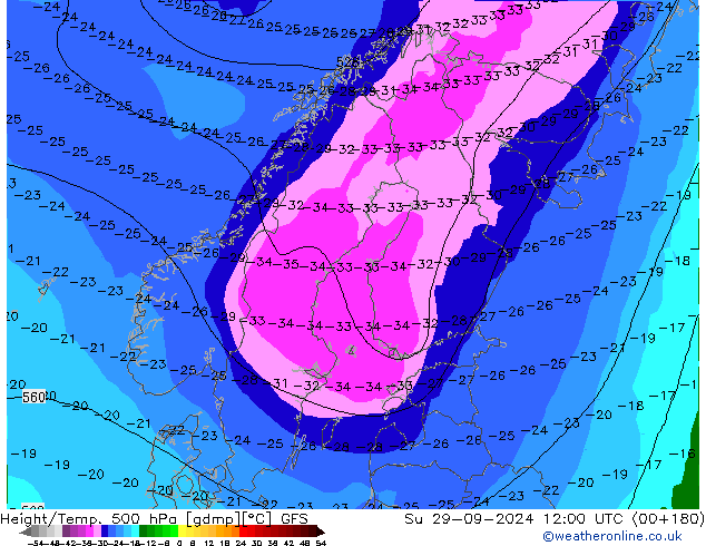 Z500/Regen(+SLP)/Z850 GFS zo 29.09.2024 12 UTC