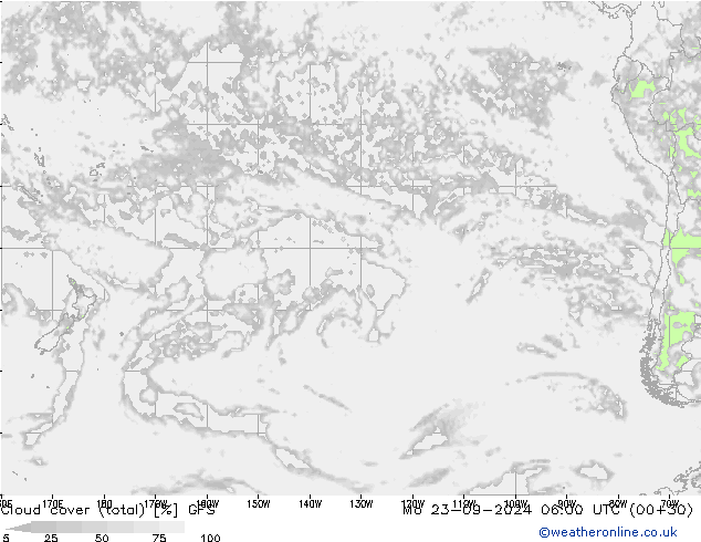 Cloud cover (total) GFS Mo 23.09.2024 06 UTC