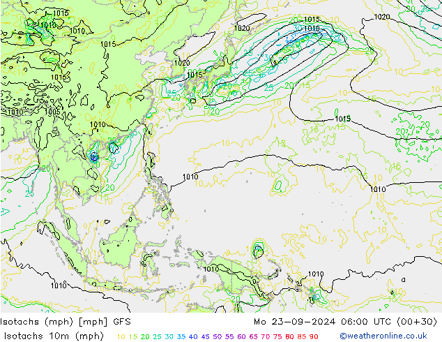 Isotachs (mph) GFS Mo 23.09.2024 06 UTC