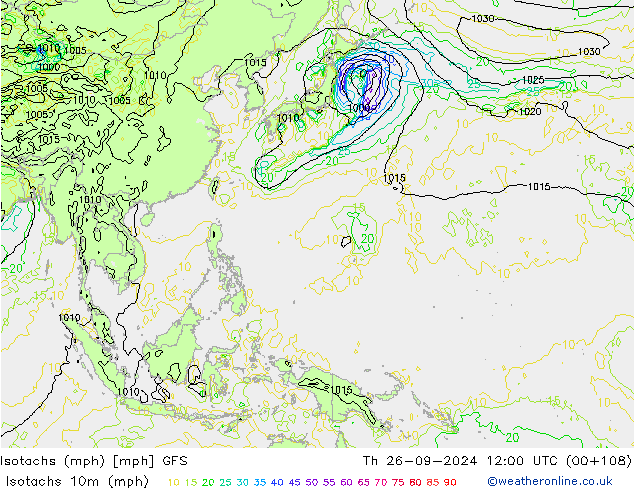 Isotachs (mph) GFS gio 26.09.2024 12 UTC