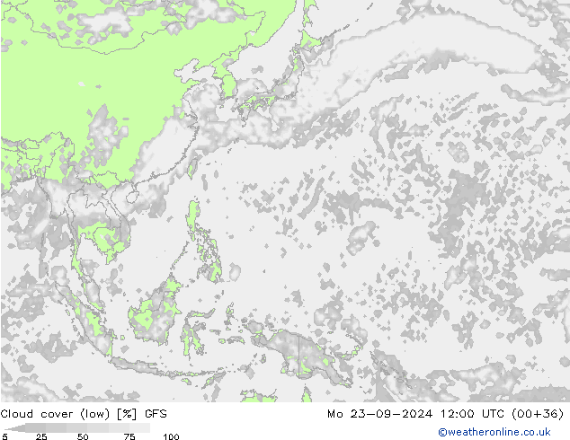 Cloud cover (low) GFS Mo 23.09.2024 12 UTC