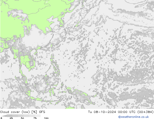 Cloud cover (low) GFS Tu 08.10.2024 00 UTC