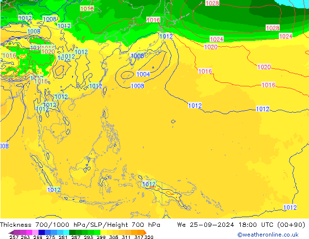 Thck 700-1000 hPa GFS mer 25.09.2024 18 UTC