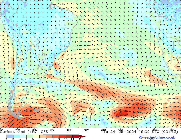 Surface wind (bft) GFS Tu 24.09.2024 15 UTC