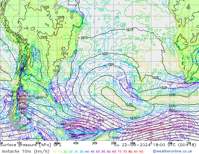 Isotachs (kph) GFS Su 22.09.2024 18 UTC