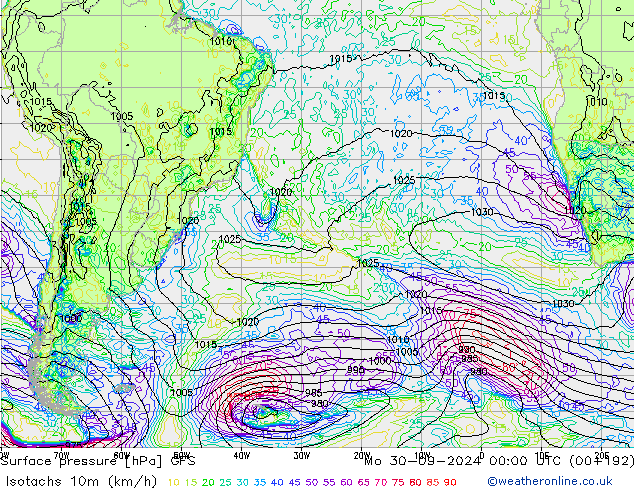 Isotachs (kph) GFS Po 30.09.2024 00 UTC