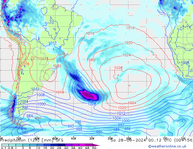 Totale neerslag (12h) GFS za 28.09.2024 12 UTC