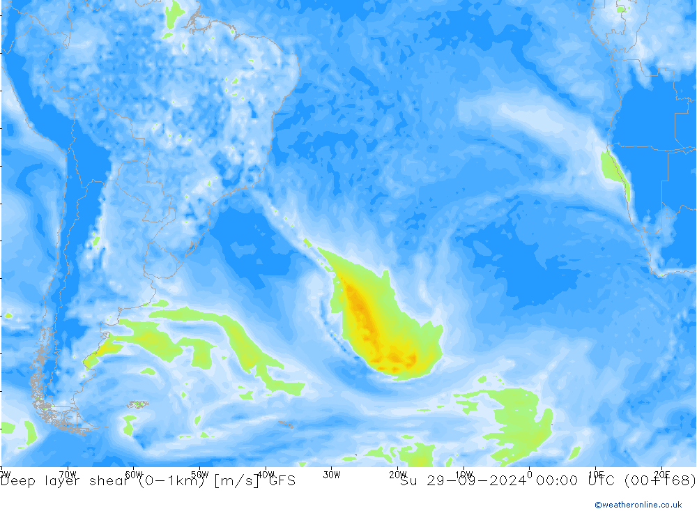 Deep layer shear (0-1km) GFS Su 29.09.2024 00 UTC